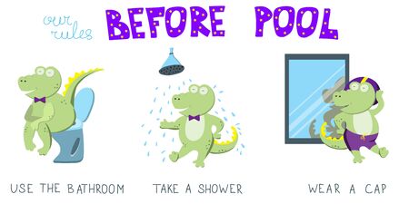 Concept with character. Simple rules for children before swimming pool: use the bathroom, take a shower, wear a cap. Correct behavior is illustrated by cute green crocodileのイラスト素材