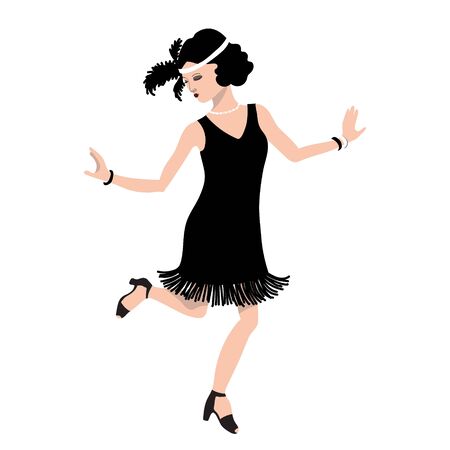 Vector Illustration of girl in the style of the 1920s in charleston dance pose. Beautiful  young european lady. Realistic woman in flat style on a white backgroundのイラスト素材