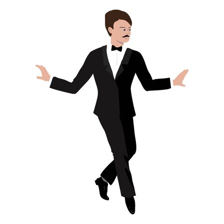 Vector Illustration of man in the style of the 1920s in charleston dance pose. Elegant young european  gentleman. Character  in flat style on a white backgroundのイラスト素材