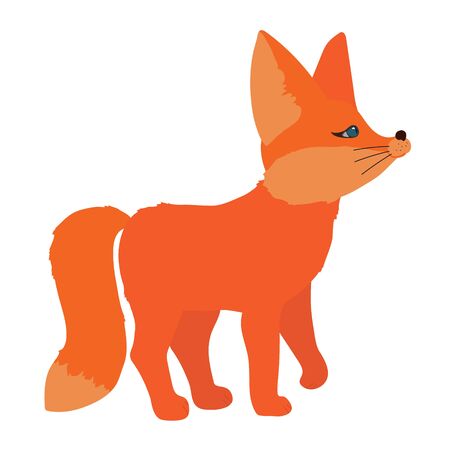 Cute little red fox stands and looks to something. Isolated character on a white background in flat style. For printing kids posters, cards. Can be used as mascotのイラスト素材