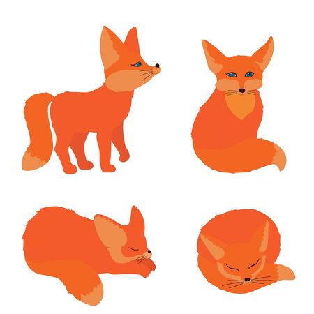 Cute little red foxes stands and looks to something, sleeps, seats. Set with isolated character on a white background in flat style. For website, printing kids posters, cards. Can be used as mascotのイラスト素材