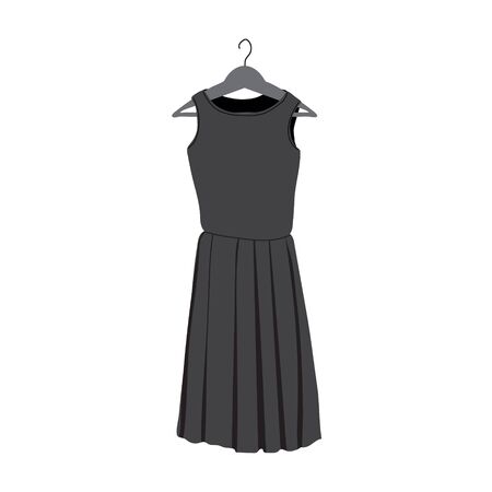 Dress on hanger in grayscale in flat style. Simple modern black summer dress with short skirt, without sleeves. It can be used as icon or design element.のイラスト素材