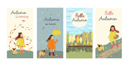 Set of the post cards with text. Kids cartoon illustration with girl and dog going for mushrooms, walking in the rain, admiring the leaves fall. Hello Autumn. Cute characters in flat styleのイラスト素材