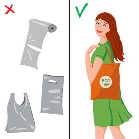 Vector illustration of ecology problem, environmental pollution. Alternative to disposable plastic bag can be reusable shopper bagのイラスト素材