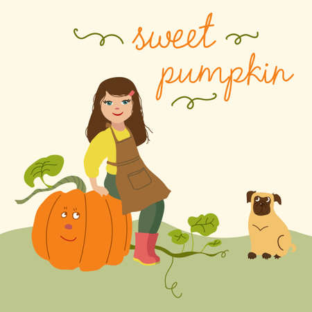 Kids cartoon illustration with girl and dog in the garden with pumpkin. Post card with text. Sweet pumpkin. Cute autumn characters in flat styleのイラスト素材