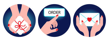 Set of illustration of female hands with gift, with postal envelope and finger press button to order. Emblems small surprise, feedback or letter of thanks, approve or choice in flat styleのイラスト素材