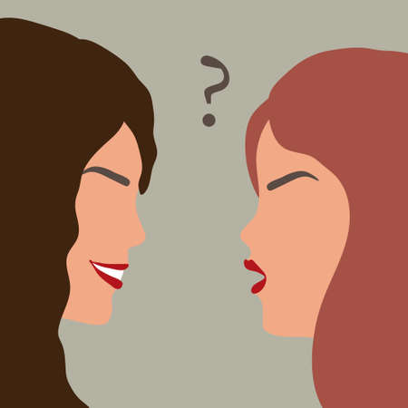 Vector illustration of two beautiful talking woman, one asks a question. Icon in nice natural colors in flat style. It can be used as design element for site, blogs, social mediaのイラスト素材