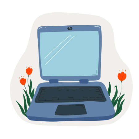 Hand drawn illustration of opened laptop wth floral elements in streamlined shape. Colored vector icon, sticker, clipartのイラスト素材