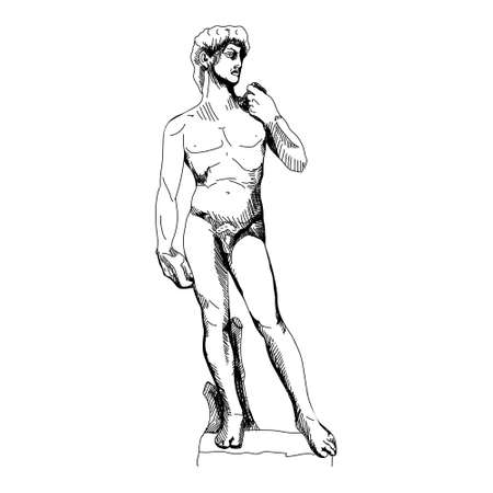 Vector illustration of David marble statue by Michelangelo in line, sketch. Isolated art object. The Exhibit of Academy of fine arts in Florenceのイラスト素材