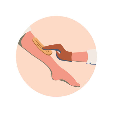 Women's leg and gloved hand - the process of removing hair from shin using sugar paste. Vector emblem in a circle in nice natural colors. It can be used as icon or design element for beauty and SPA site, blogs of depilation master, cosmetologistのイラスト素材
