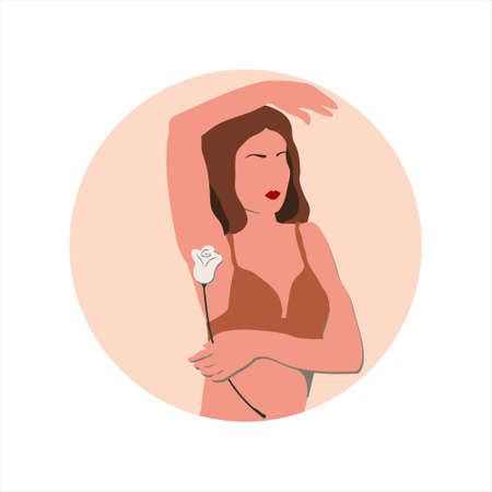 Vector illustration of beautiful woman with flower. Emblem in nice natural colors, symbol of depilation in area of the armpits. It can be used as icon for beauty and SPA site, blogs of cosmetologistのイラスト素材