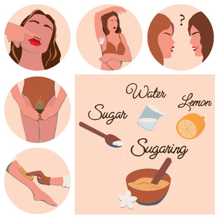 Vector illustration of recipe of sugar paste for depilation and set of 5 icons in nice natural colors, symbol of depilation area. It can be used for beauty and SPA site, blogs of cosmetologistのイラスト素材