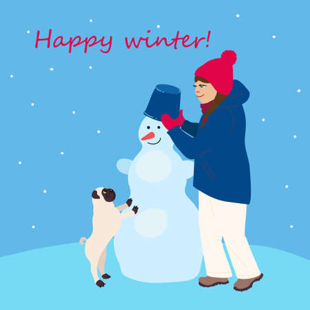 Kids cartoon illustration with cute winter characters in flat style. Girl with a dog make snowman. Happy winter. Post card with text in square format.のイラスト素材