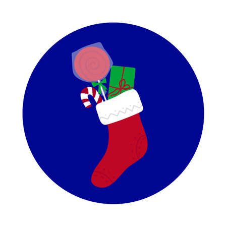 Bright Christmas and New Year minimalistic illustration. Christmas stocking with small toys and candies, isolated on blue background. It can be use as icon in social mediaのイラスト素材