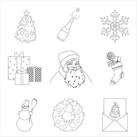 Set of Christmas and New Year illustrations. Santa Claus, Christmas stocking, tree, wreath, gift boxes, snowflake, greeting card, sparkling wine bottle, snowman.Pages of children's coloring bookのイラスト素材