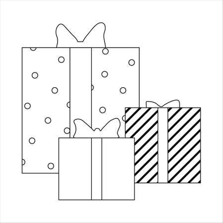 Outline Christmas and New Year minimalistic illustration. Gift boxes isolated on white background. Page of children's coloring bookのイラスト素材
