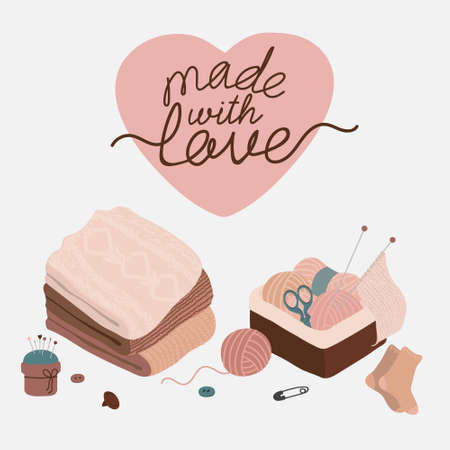 Illustration of knitting and handwork in flat style. Sweatshirts stacked in a pile, needlework basket, balls of thread. Post card with text in square format. Made with loveのイラスト素材