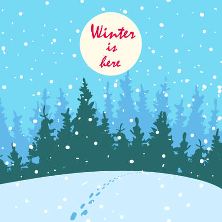 Beautiful landscape with snow-covered forest and glade. Silence and peace and someone's footprints in the snow. Winter is here. Post card with text in square format in flat styleのイラスト素材