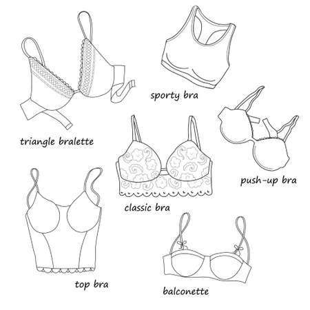 Set of different kind of women's bras. Push-up, classic, sporty, balconette, triangle and top bras. Minimalistic illustration in line isolated on white backgroundのイラスト素材