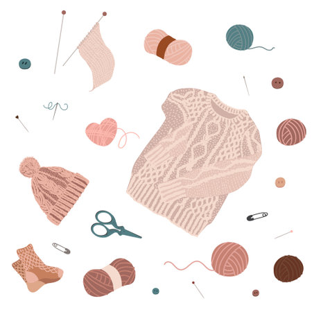 Set of items for knitting and needlework in flat lay style. Knitting needles, sweater, hat, socks, needle, thread, scissors, pins. It can be used as icon or design element.のイラスト素材