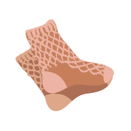 Illustration of knitted socks in flat lay style in nice warm color with binding texture. It can be used as icon or design element.のイラスト素材