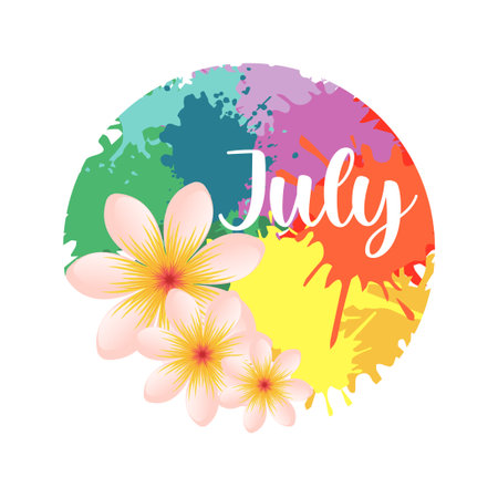 hello july. welcome july vector illustrations for greetings card.のイラスト素材
