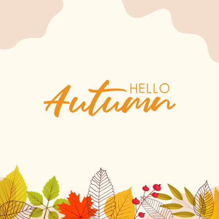 Hello, Autumn. Goodbye, Summer. The trend calligraphy. Vector illustration on the background of autumn leaves. Concept autumn advertising.のイラスト素材