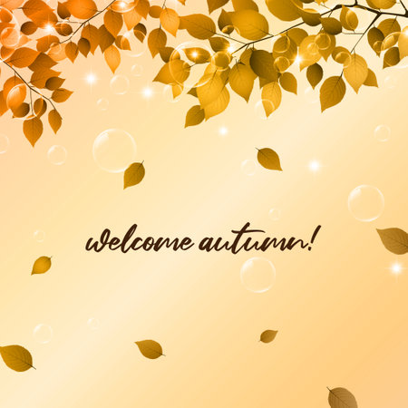 Hello, Autumn. Goodbye, Summer. The trend calligraphy. Vector illustration on the background of autumn leaves. Concept autumn advertising.のイラスト素材