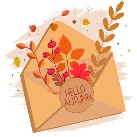 Hello, Autumn. Goodbye, Summer. The trend calligraphy. Vector illustration on the background of autumn leaves. Concept autumn advertising.のイラスト素材