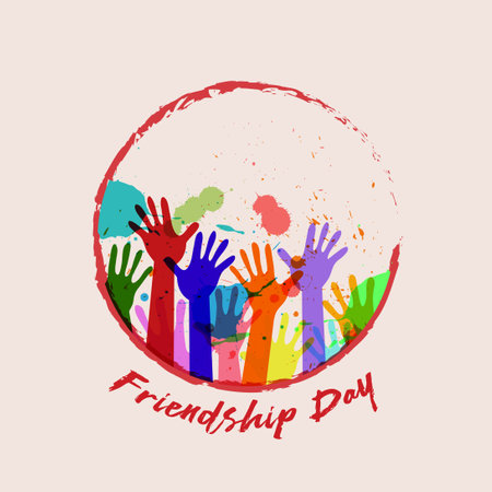 Happy Friendship Day Greeting Card Design. Friendship day typography greeting card creative idea with colorful background.のイラスト素材