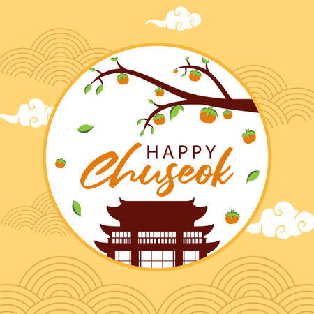 Happy Chuseok Day Vector Design Illustration For Celebrate Moment. Thanksgiving Day in Korea. Rich harvest. Greeting card Happy Chuseok translation, Hangawi.のイラスト素材