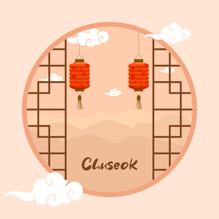 Happy Chuseok Day Vector Design Illustration For Celebrate Moment. Thanksgiving Day in Korea. Rich harvest. Greeting card Happy Chuseok translation, Hangawi.のイラスト素材