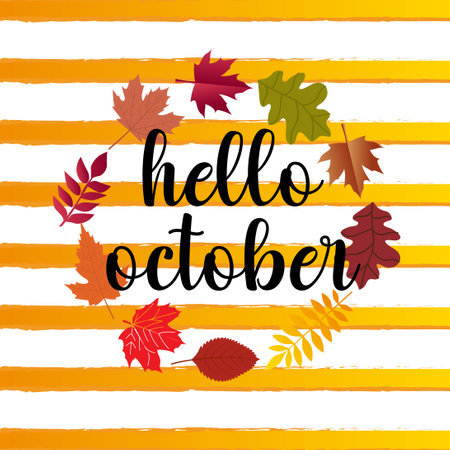 hello October with autumn vibe. Welcome october vector illustration.のイラスト素材