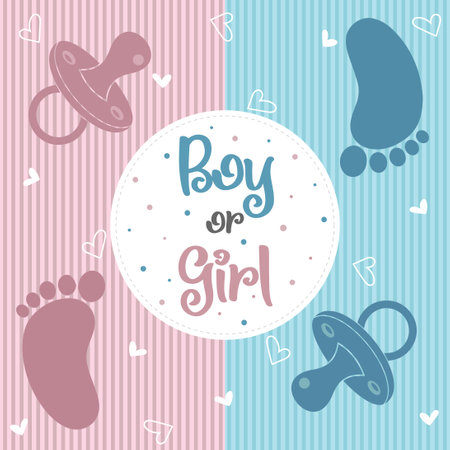 Baby shower decoration gender reveal baby shower card party art. Baby shower gender reveal invitation template. Boy or girl baby vector.のイラスト素材