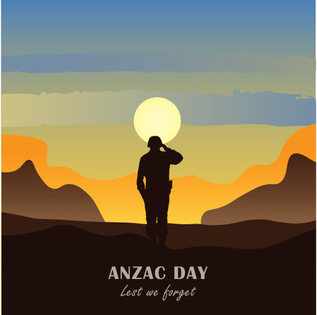 Vector illustration of beauty landscape. Remembrance day symbol. Lest we forget. Anzac day background with australian soldier and beauty landscape.のイラスト素材