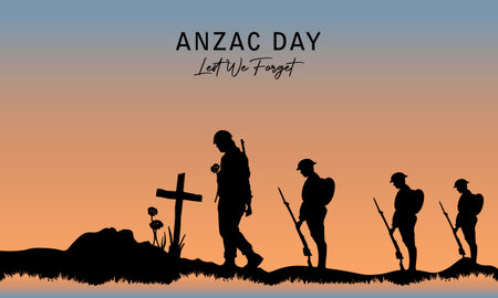 Vector illustration of beauty landscape. Remembrance day symbol. Lest we forget. Anzac day background with australian soldier and beauty landscape.のイラスト素材