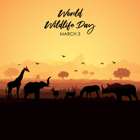 World Wildlife Day greeting card. March 3td World Wildlife Day illustration.のイラスト素材