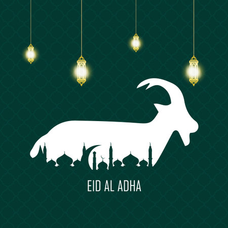 Eid Al Adha festival. Greeting card with sacrificial sheep and crescent background. Eid Mubarak theme vector.のイラスト素材