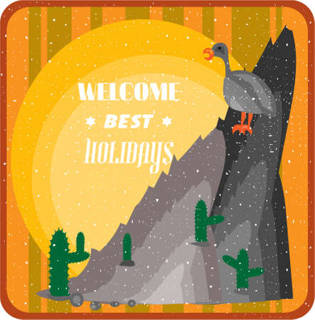 Several cactuses growing on a cliff with a sup, orange striped backgroundのイラスト素材