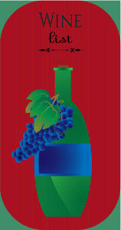 Green bottle of wine with blue grapes and leafのイラスト素材