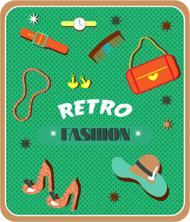 Set of retro fashion on green dotted background, textのイラスト素材