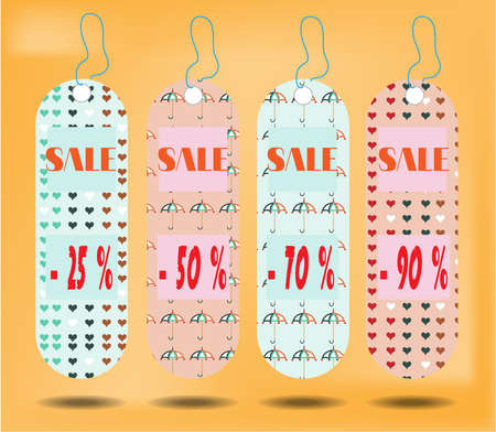 Three tags with text Sale  25 , 50 , 70 , 90 percent, orange background, shadowsのイラスト素材