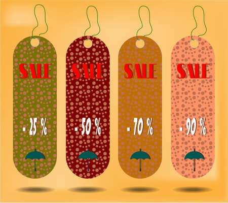 Three tags with text, blue background, shadows, blue umrellasのイラスト素材