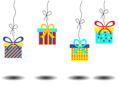 Birthday card with striped, heart shaped gifts on white background with shadowsのイラスト素材