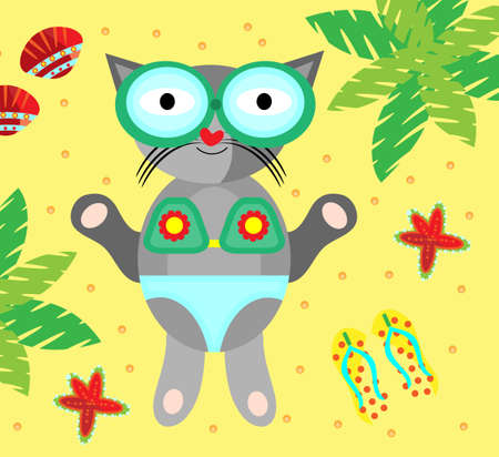 Relaxing, smiling cat lying on a sandy beachのイラスト素材