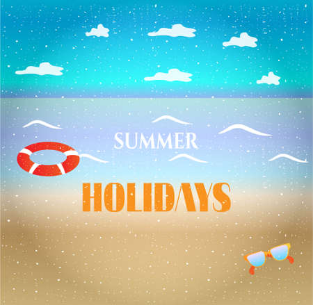 Summer background with sandy beach, clouds, wavesのイラスト素材