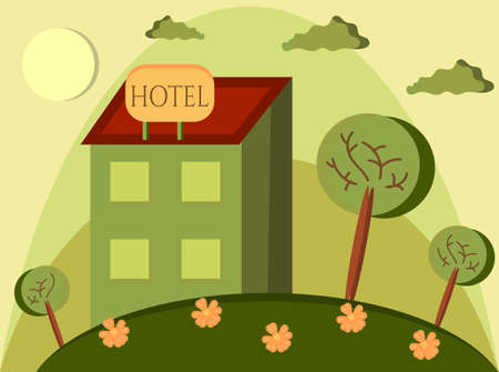 Card with hotel on the green hillのイラスト素材