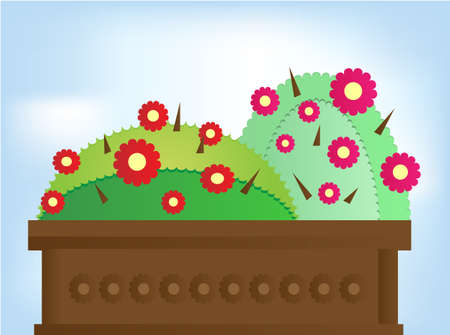 Two green cactus with colorful flowers and thornsのイラスト素材