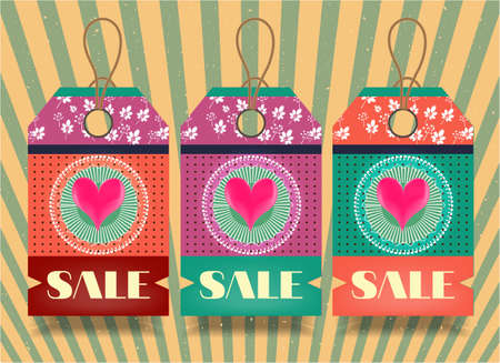 Group of three hanging tags with patterns on striped backgroundのイラスト素材