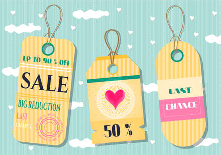 Modern tags with text on blue background with clouds and heartsのイラスト素材